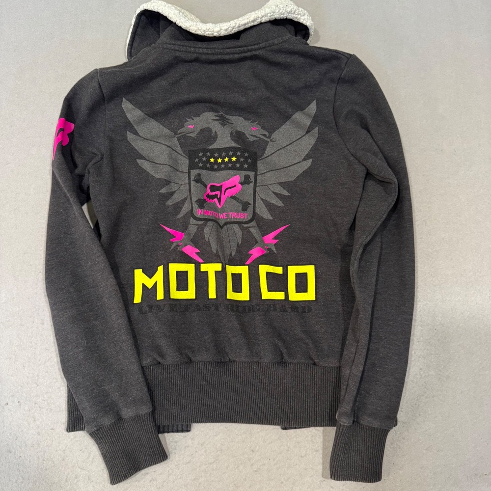 Fox Racing Jacket Women S Gray Moto Co Sherpa Collar Button Up Graphic Fleece